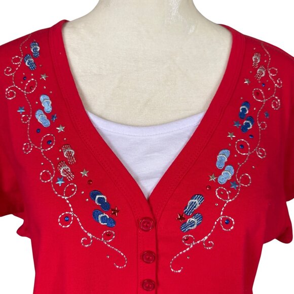 Holiday Editions XL red and white short sleeve v-neck embellished decorated top - Picture 5 of 9